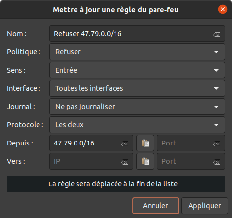 Règle de configuration du pare-feu pour refuser (bloquer) une plage d'IP